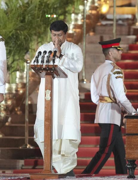 BJP MP Sukanta Majumdar takes oath as minister, being administered by President Droupadi Murmu at the swearing-in ceremony of the new Union government at Rashtrapati Bhavan, in New Delhi.