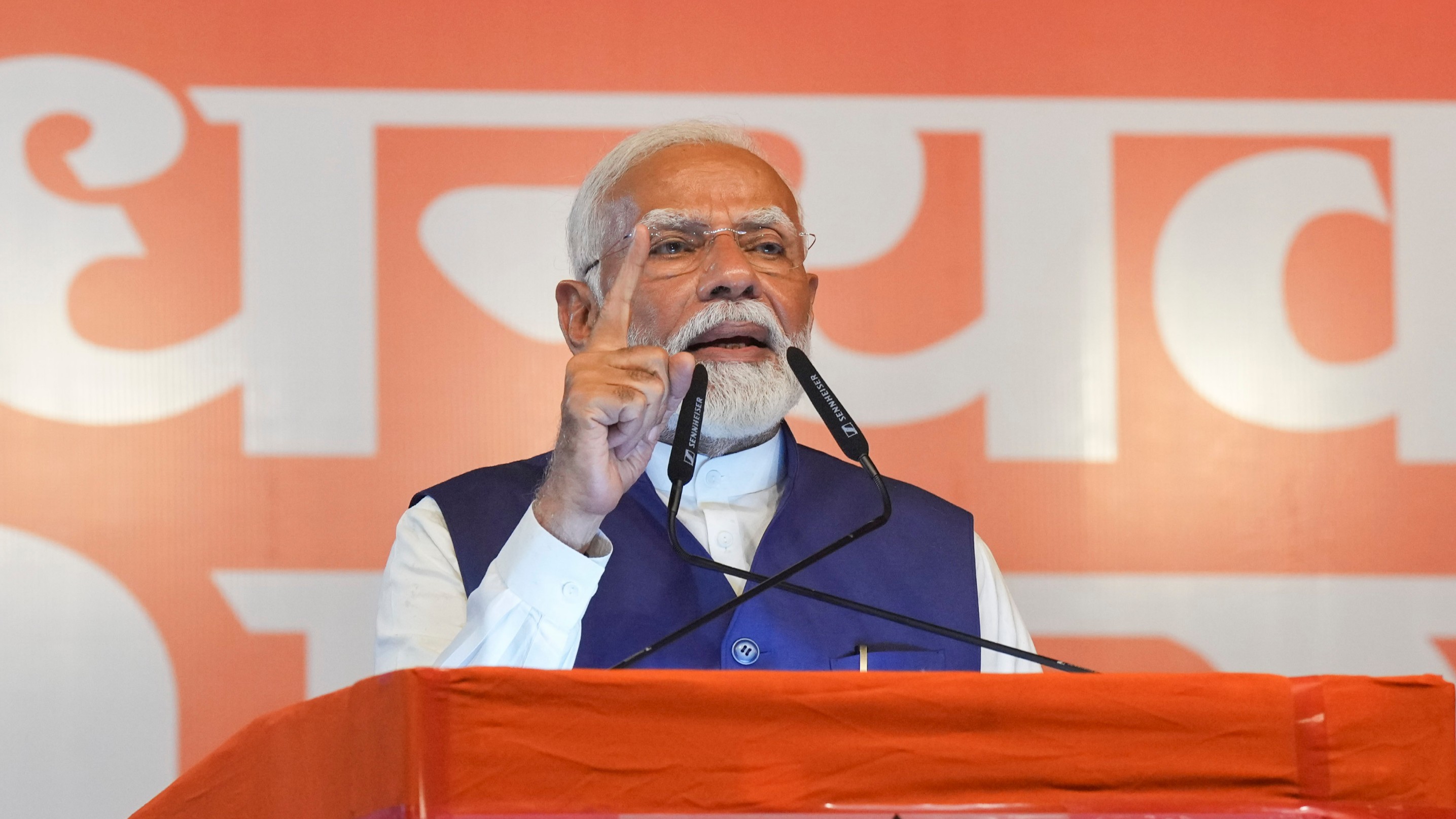 Prime Minister Narendra Modi addresses a meeting at BJP headquarters as the party leads in the Lok Sabha elections amid the counting of votes, in New Delhi.