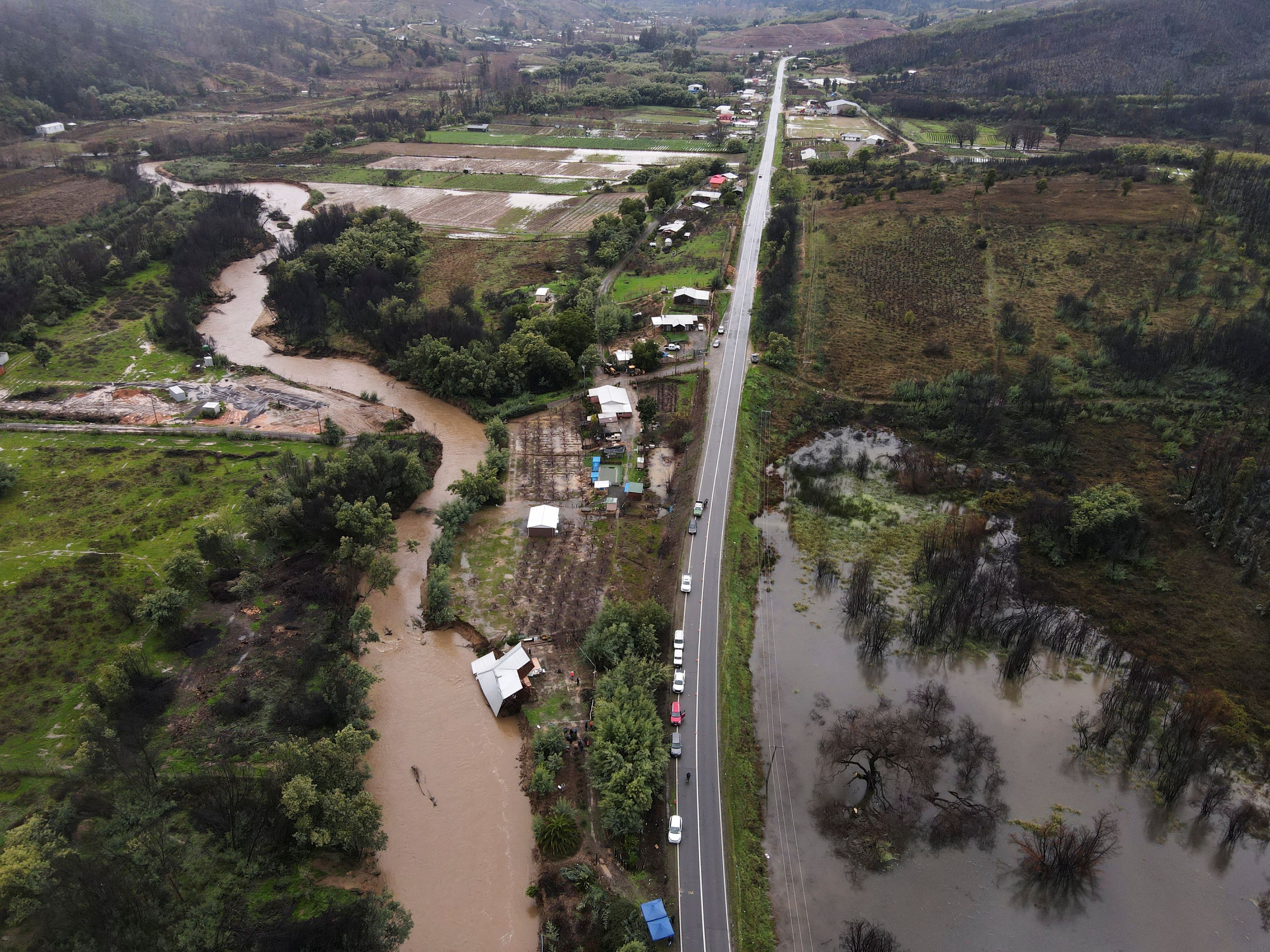 A drone view shows a flooded area affected by heavy rains in south-central Chile, in Quillon, Chile, June 14, 2024.