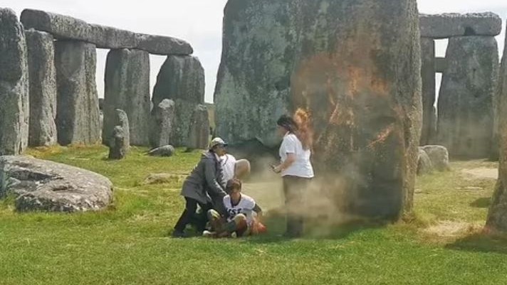 Wiltshire Police said the pair were arrested on suspicion of damaging one of the world's most famous prehistoric monuments and a UNESCO World Heritage Site.