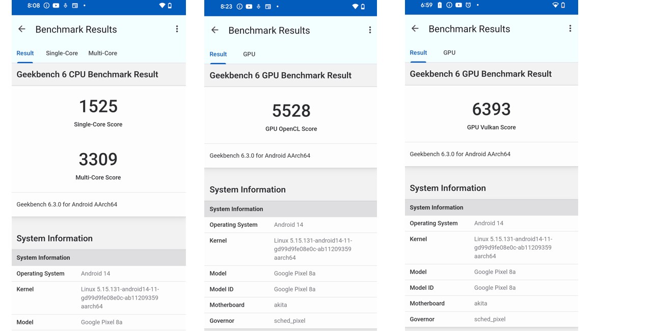 Google Pixel 8a's CPU and GPU performance score on Geekbench 6.0 app.