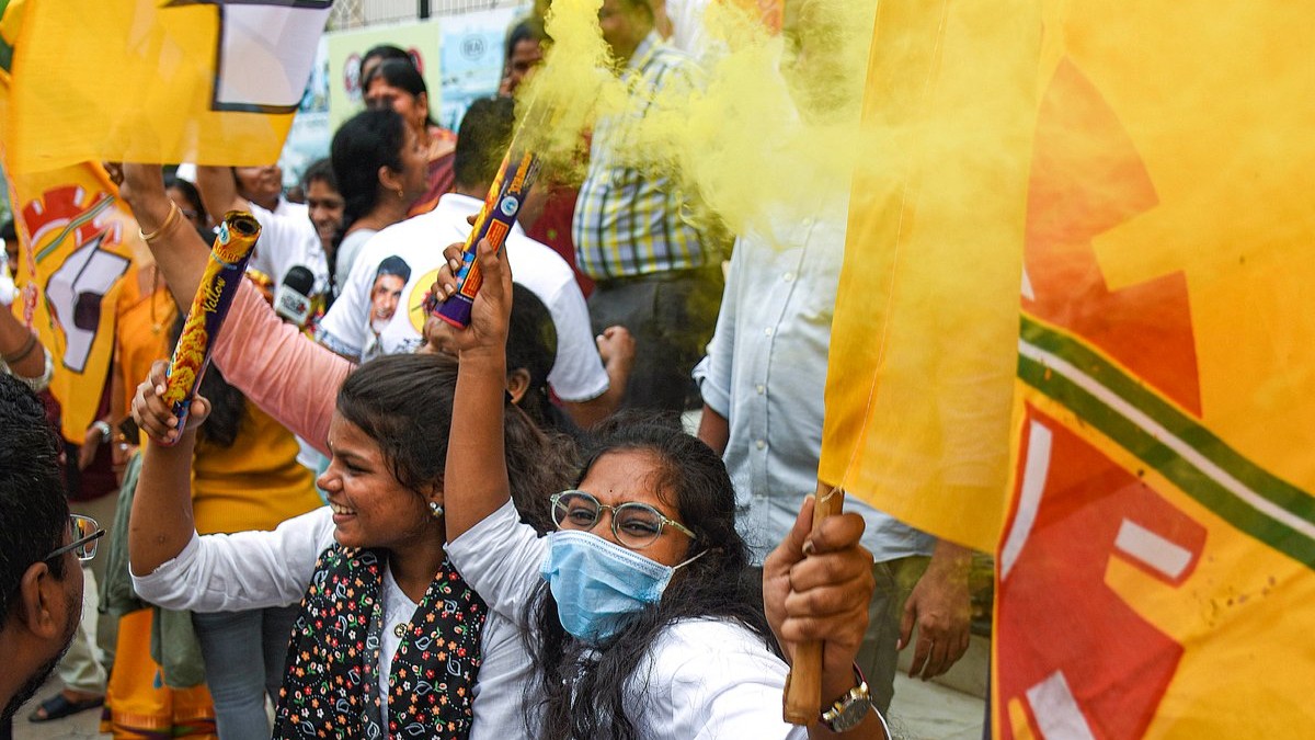 TDP supporters celebrate the party's performance in the Andhra Pradesh Assembly polls and Lok Sabha polls, in Hyderabad.