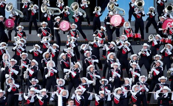 The Calgary Stampede Showband performs on the midway of the Calgary Stampede in Calgary, Alberta, Canada on July 8, 2024.