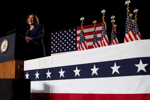 US Vice President Kamala Harris speaks at campaign event in West Allis, Wisconsin.
