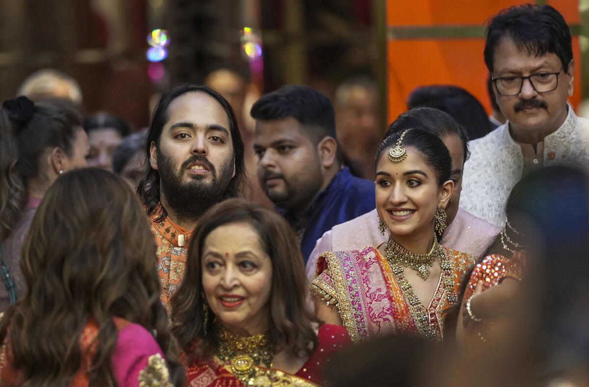Anant Ambani, Reliance Industries Chairman Mukesh Ambani's son, and Radhika Merchant during a pre-wedding ceremony ahead of their wedding, at Antilia, in Mumbai.