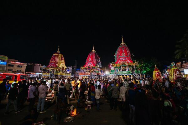 Puri: Devotees gather around the chariots of Lord Jagannath, Lord Balabhadra and Goddess Subhadra during the second day of annual ‘Rath Yatra’ at Maushima temple in Puri on Monday, July 8, 2024.