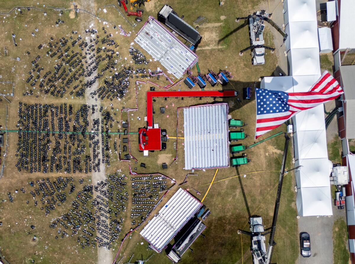 A drone view during the police investigation into gunfire at a campaign rally of Republican presidential candidate and former US President Donald Trump in Butler, Pennsylvania