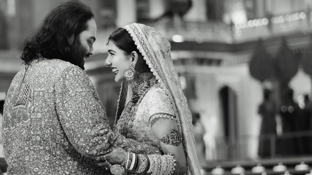 Anant Ambani and Radhika Merchant are all smiles during their wedding ceremony.