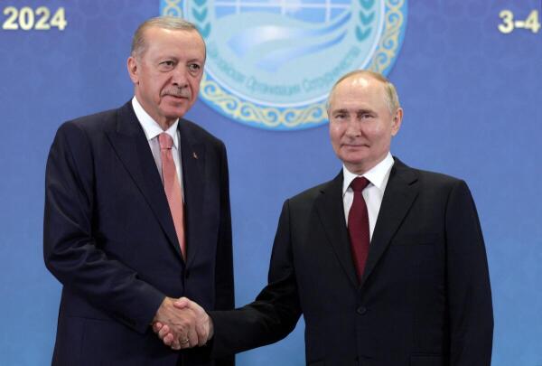 Russian President Vladimir Putin (R) shakes hands with Turkish President Tayyip Erdogan (L).