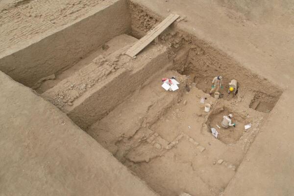 A drone image shows archaeologists working on a site where they discovered the remains of what is believed to be wealthy members of the Chimu civilization, a pre-Inca society that thrived for centuries in arid plains nestled between the Pacific Ocean and Andes Mountains, in Trujillo, Peru.