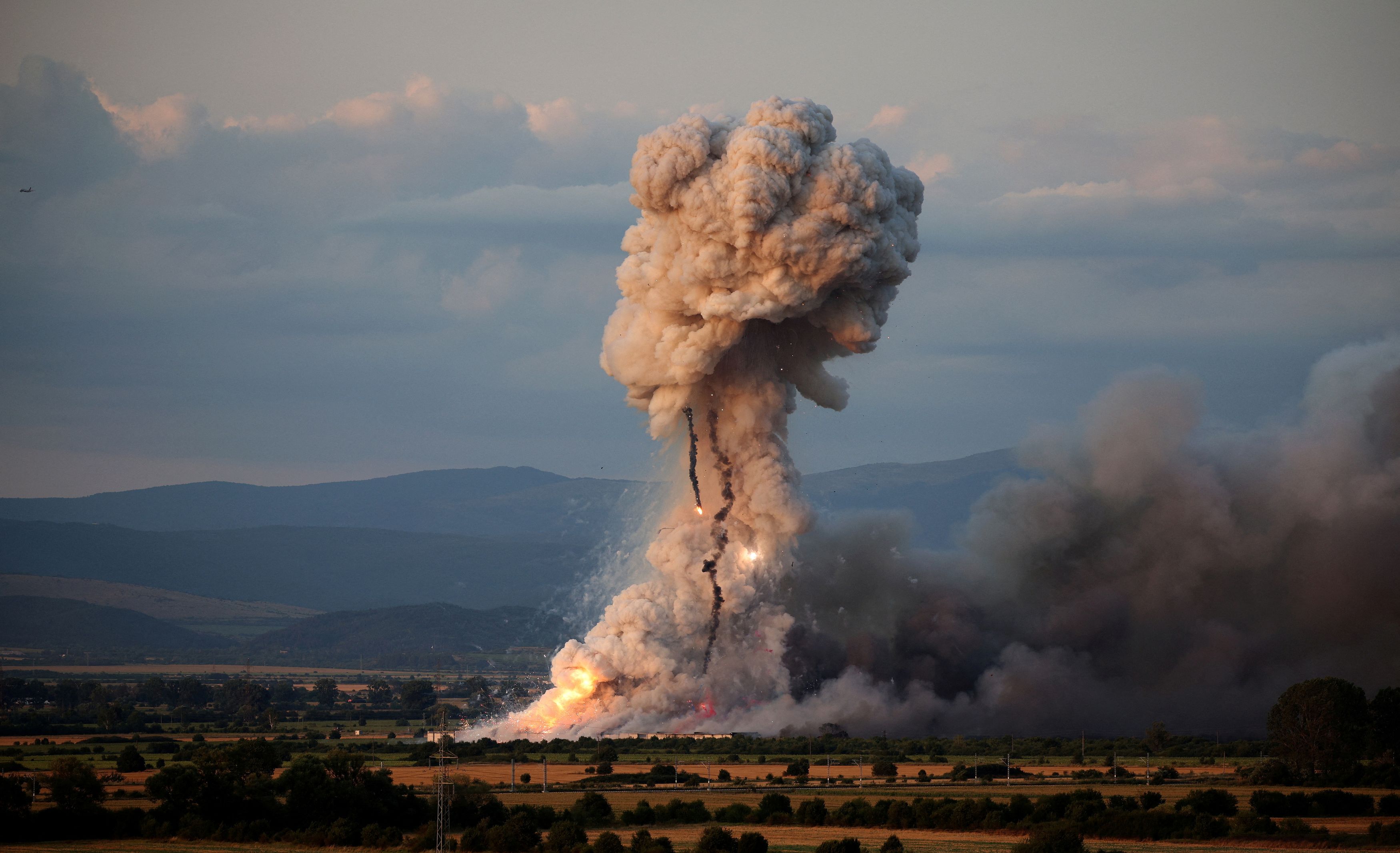 An explosion is pictured at a fireworks warehouse in the town of Elin Pelin, near Sofia, Bulgaria.