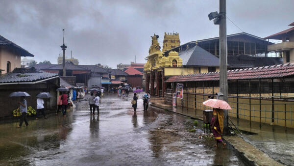 Pedestrians use umbrellas during rains in Udupi district of Karnataka on Monday, July 8, 2024.