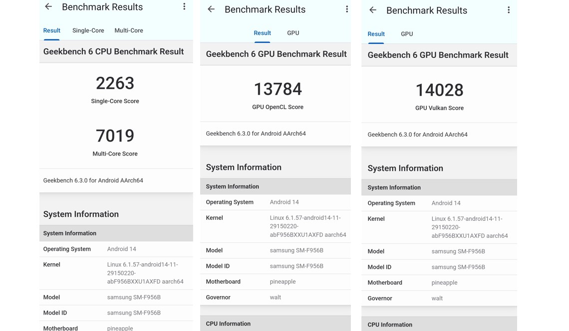 Samsung Galaxy Z Fold6's CPU and GPU performance score on Geekbench 6.0 testing application.