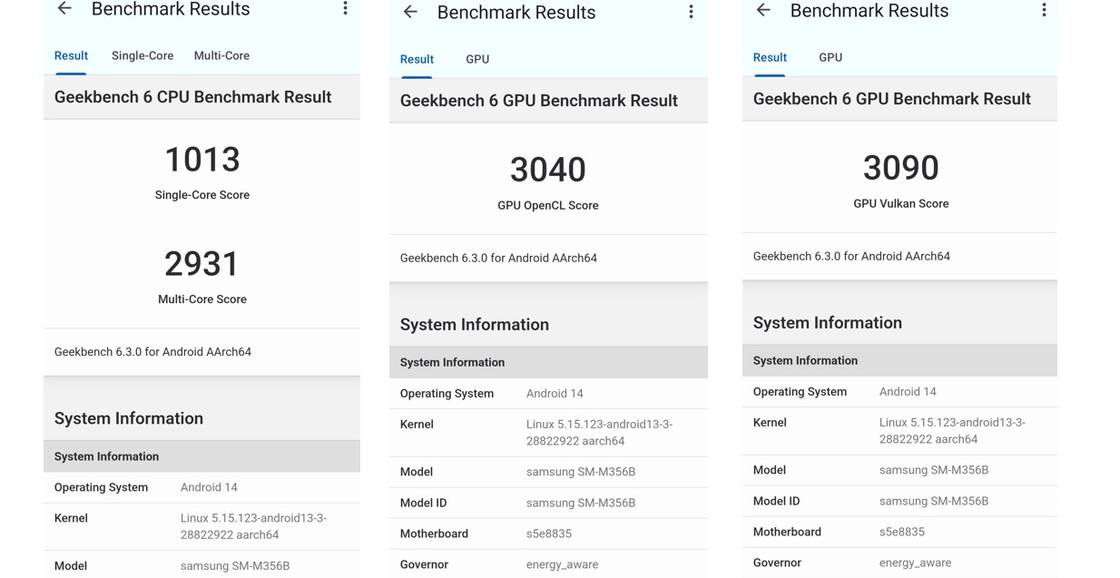 Samsung Galaxy M35 5G's single-core, multi-core CPU and GPU performance score on Geekbench 6.0.