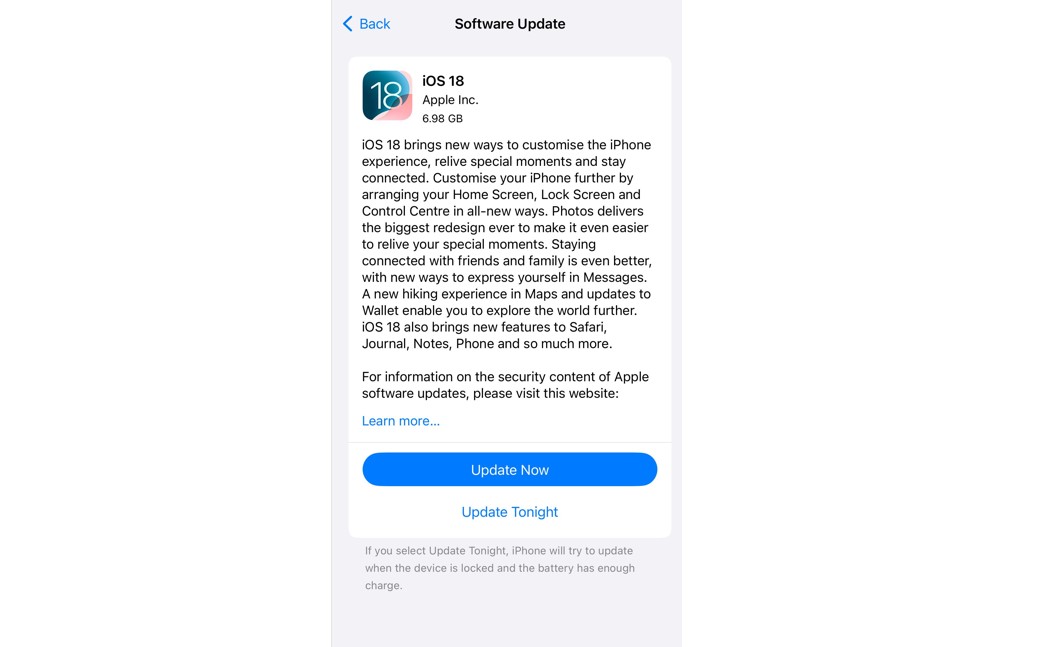 Apple iOS 18 update.