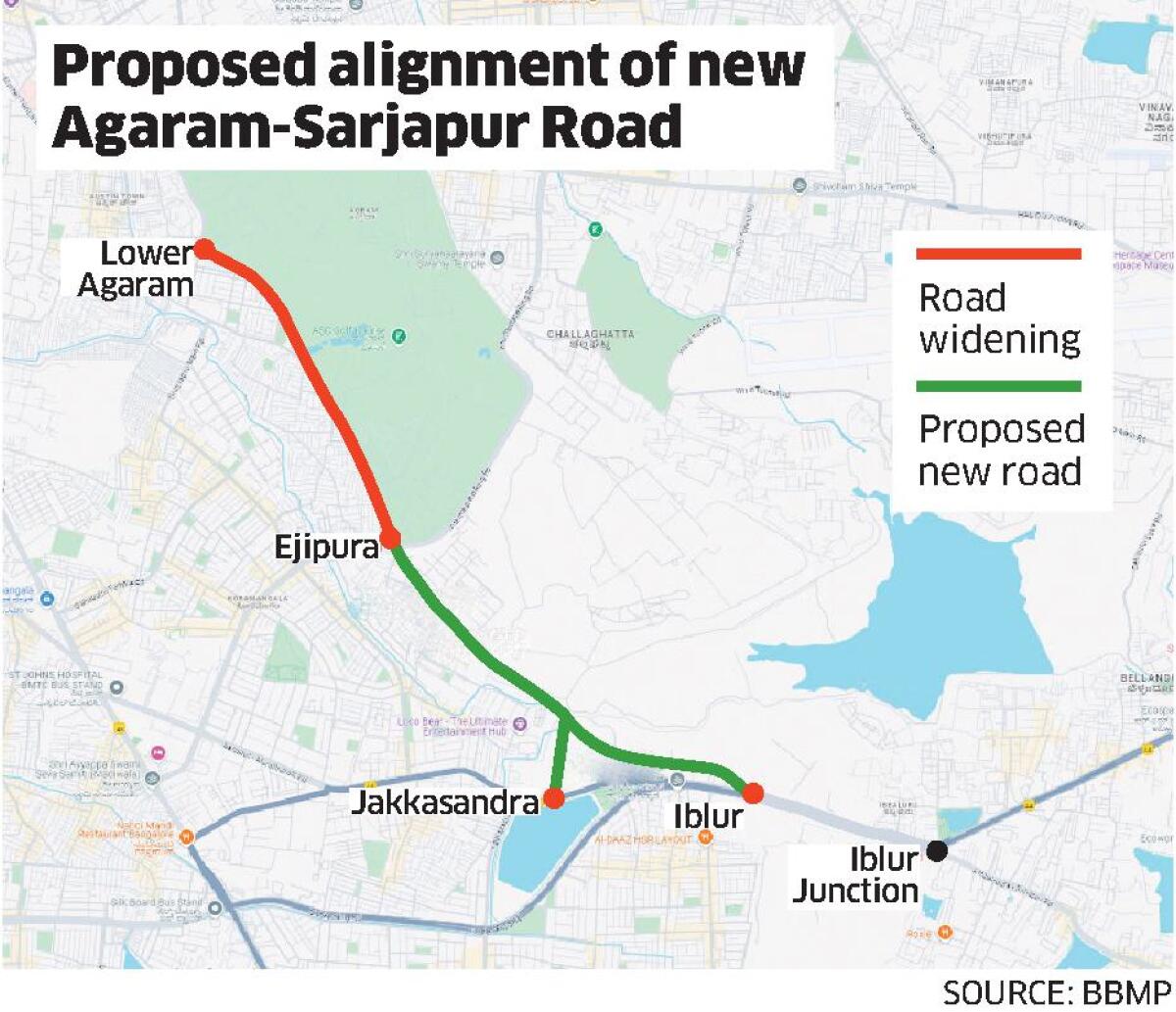 Map showing the proposed alignment of the new Agaram-Sarjapur Road.