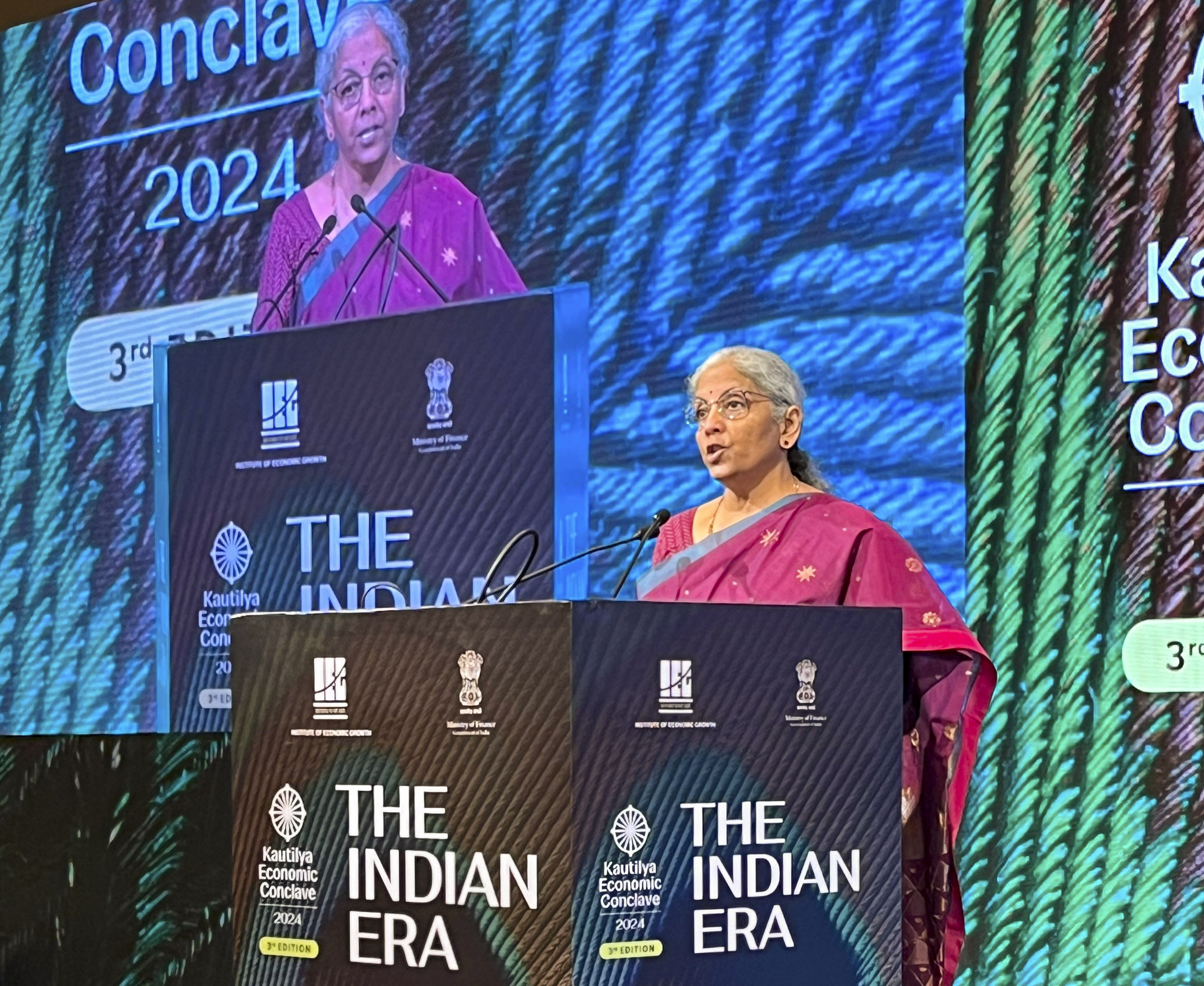  Union Finance Minister Nirmala Sitharaman addresses the third edition of Kautilya Economic Conclave (KEC 2024) in New Delhi. 