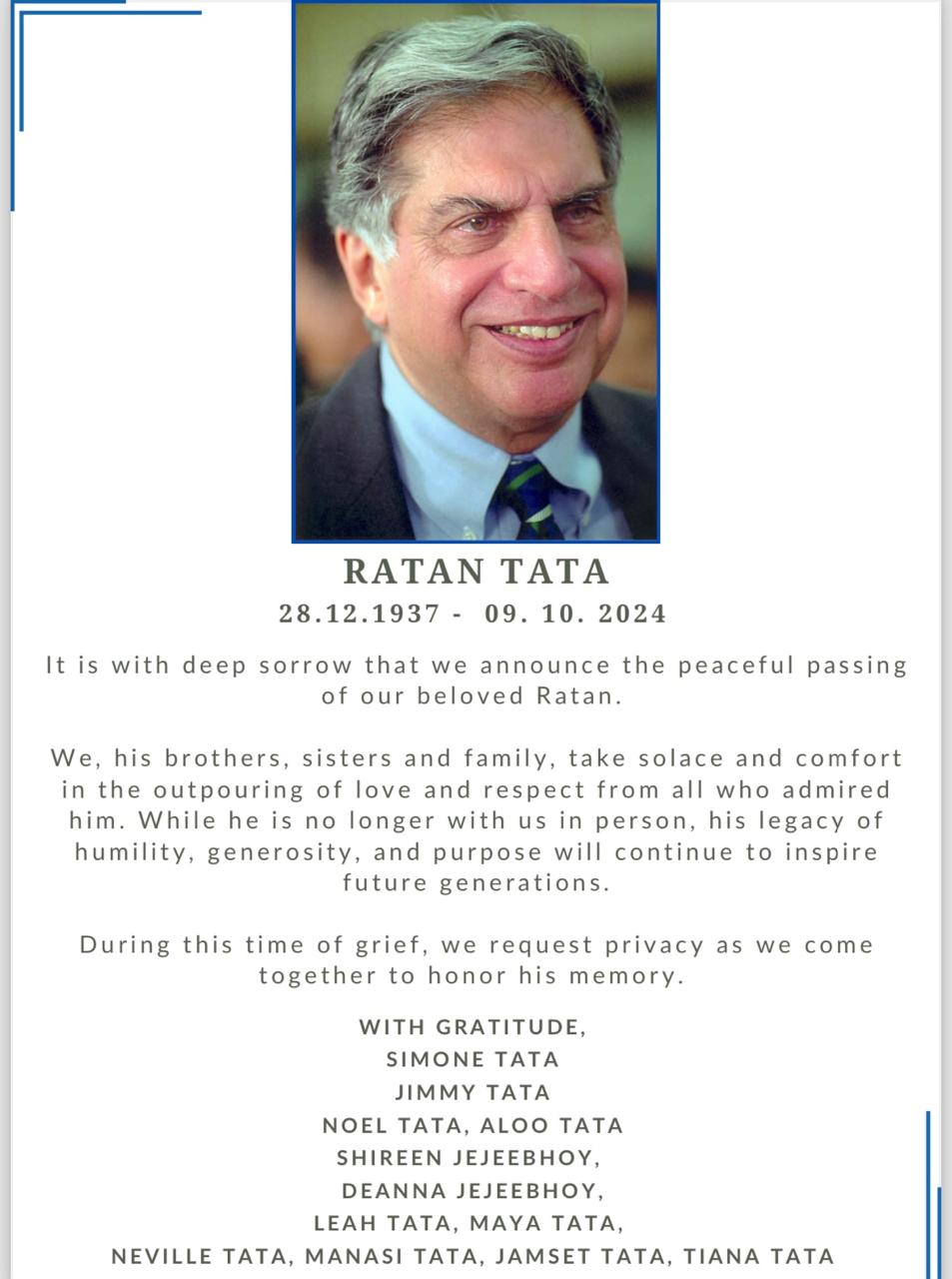 Obituary posted by Ratan Tata's family.