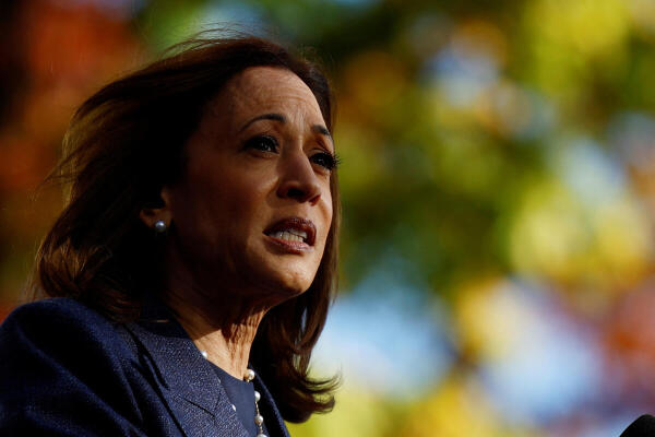 Democratic presidential nominee and U.S. Vice President Kamala Harris speaks during a campaign event in Washington Crossing, Pennsylvania.