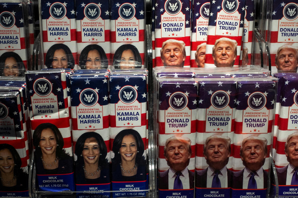 Chocolate bars with the faces of Democratic presidential nominee US Vice President Kamala Harris and Republican presidential nominee and former US President Donald Trump are displayed at a store in New York
