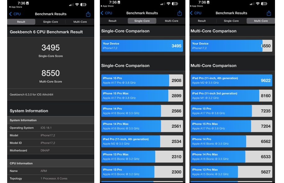 Apple iPhone 16 Pro Max's CPU performance on Geekbench app.