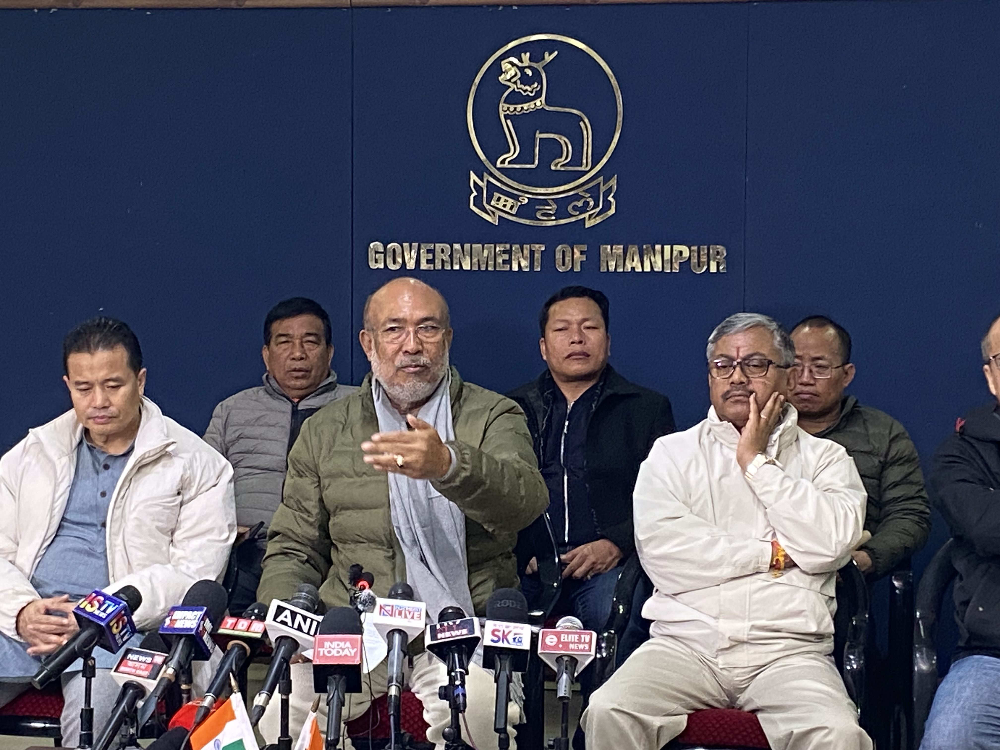 Manipur CM N Biren Singh talking to reporters in Imphal on Tuesday evening.  