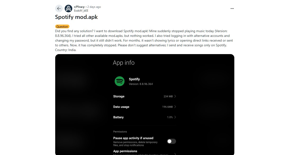 People are looking for new modified Spotify APKs on Reddit, after company blocked pirated version earlier this week.