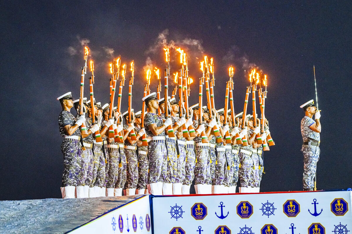 Navy personnel rehearse for Navy Day show at Puri beach.