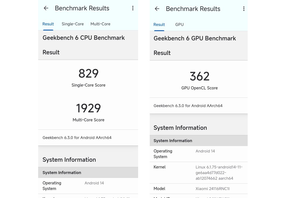 Xiaomi Redmi A4 5G's CPU and GPU performance score on Geekbench 6.0.