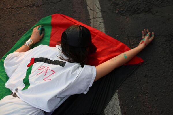 Demonstrators hold a protest to mark the United Nations' International Day of Solidarity with the Palestinian People, in Mexico City.