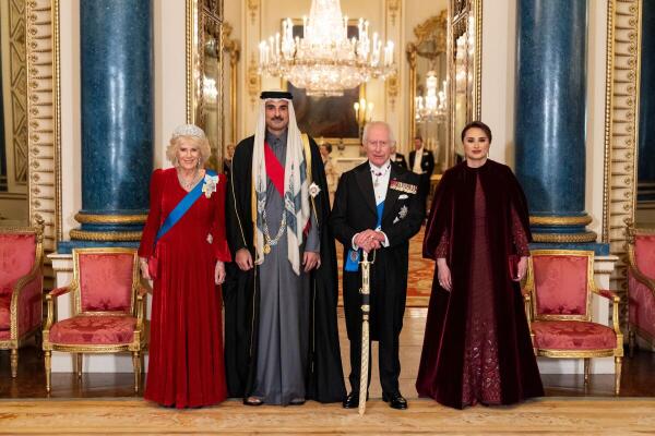 Britain's King Charles and Queen Camilla stand with the Emir of Qatar Sheikh Tamim bin Hamad Al Thani and his wife Sheikha Jawaher ahead of a state banquet at Buckingham Palace, London, during his state visit to the UK, Britain.