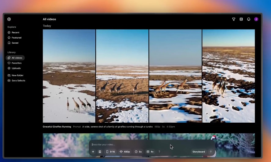 Sora AI video generator's User Interface.