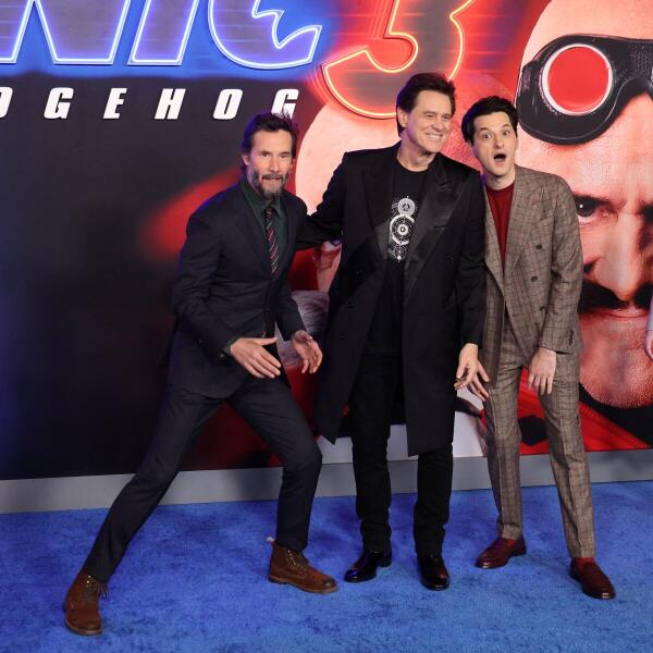 Cast members Keanu Reeves, Jim Carrey and Ben Schwartz attend a premiere of the film Sonic the Hedgehog 3 at TCL Chinese theatre in Los Angeles, California, US.