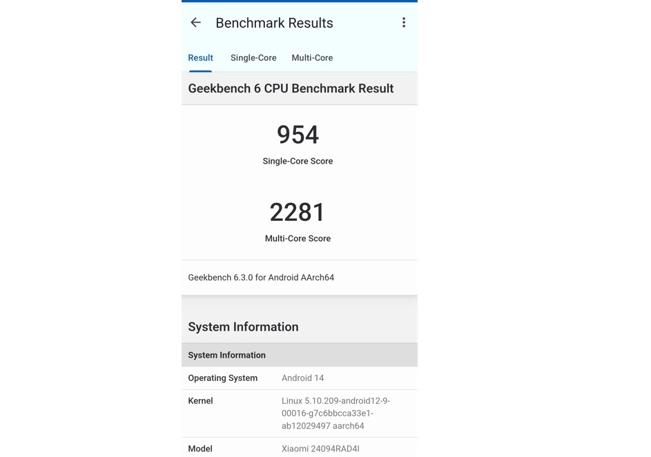 Xiaomi Redmi Note 14's CPU performance score on Geekbench app.