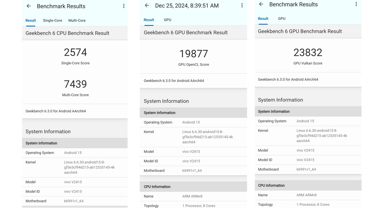 Vivo X200 5G's CPU and GPU performance score on Geekbench 6.0 app.