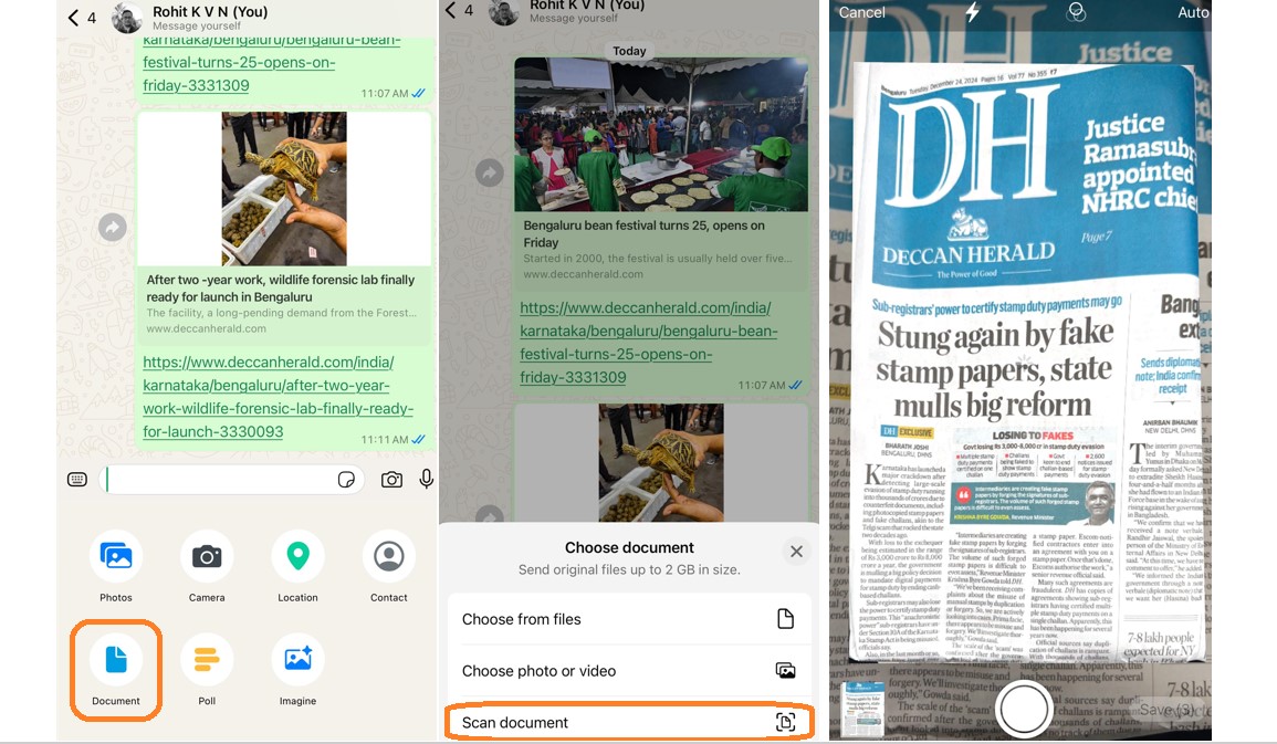 Document scanning feature on WhatsApp.