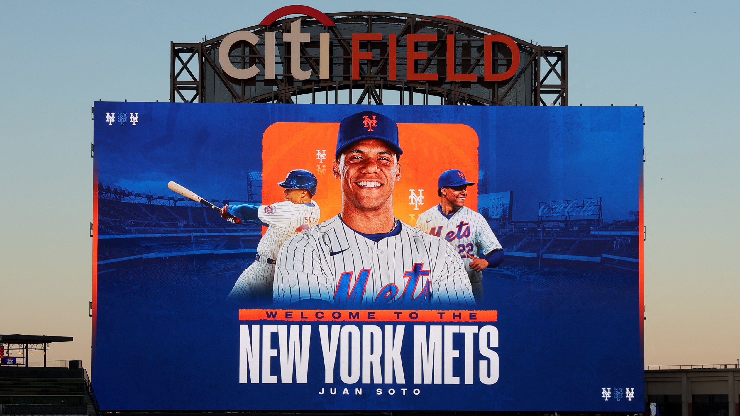 General view of the scoreboard at Citi Field during an introductory press conference for New York Mets right fielder Juan Soto.  