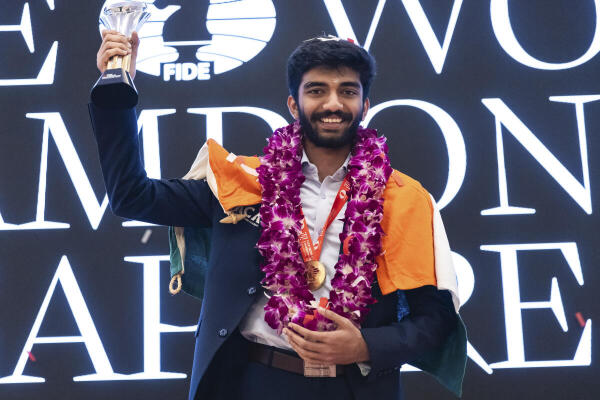 D Gukesh during the Closing Ceremony of the FIDE World Chess Championship 2024, in Singapore.