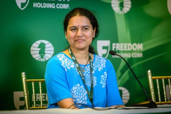 Koneru Humpy after winning the FIDE World Rapid Chess Championship 2024 in women category, in New York.