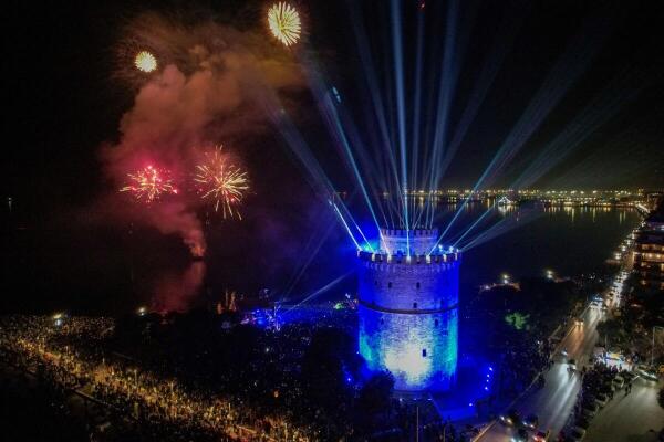 A drone view shows fireworks exploding behind the White Tower during New Year's celebrations, in Thessaloniki, Greece, January 1, 2025.