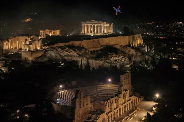 A drone view shows drones forming a "2025" over the ancient Parthenon temple atop the Acropolis hill during New Year's celebrations, in Athens, Greece, January 1