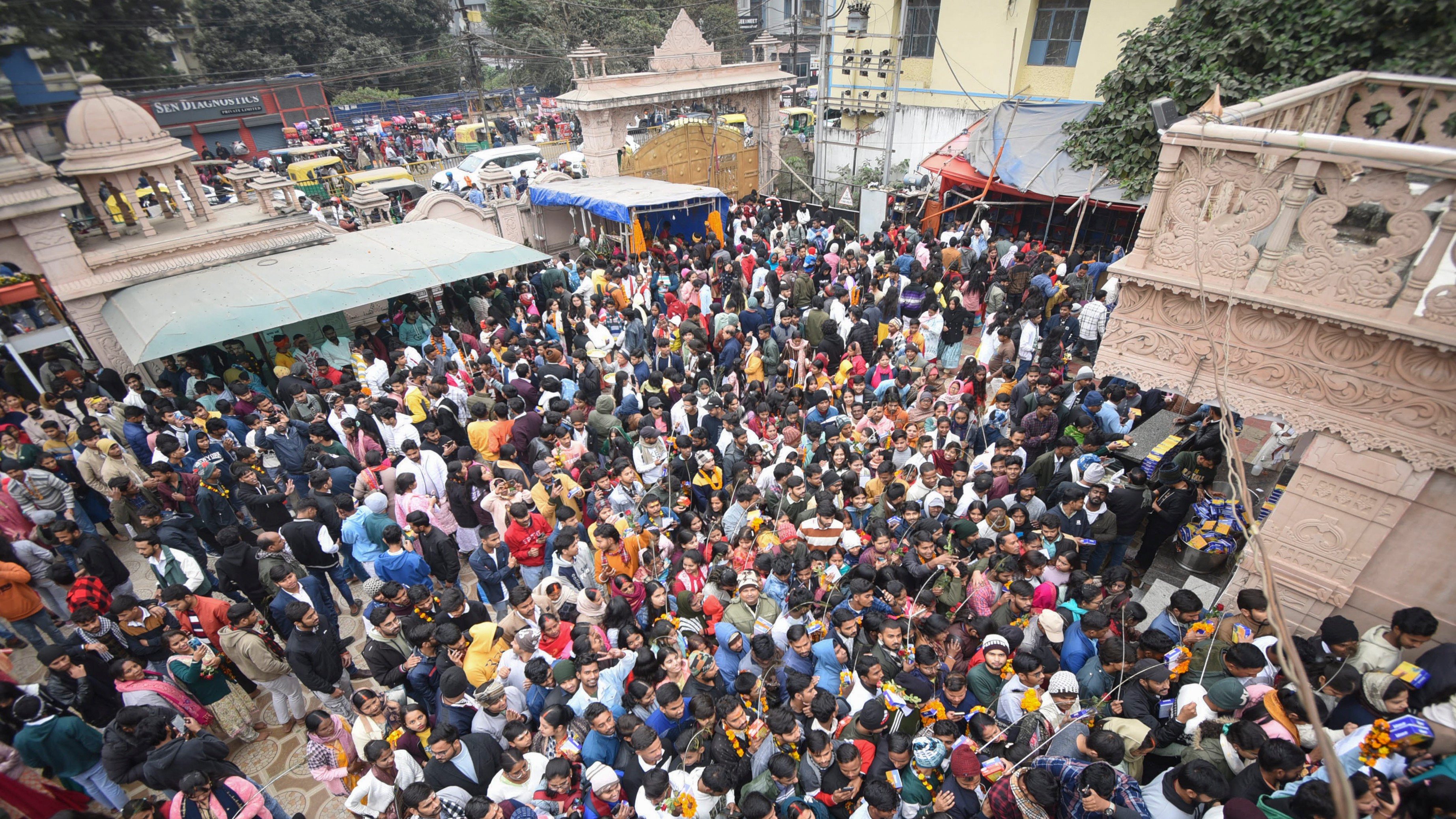 Devotees arrive to pay obeisance at the ISKCON temple on the first day of New Year 2025, in Patna.