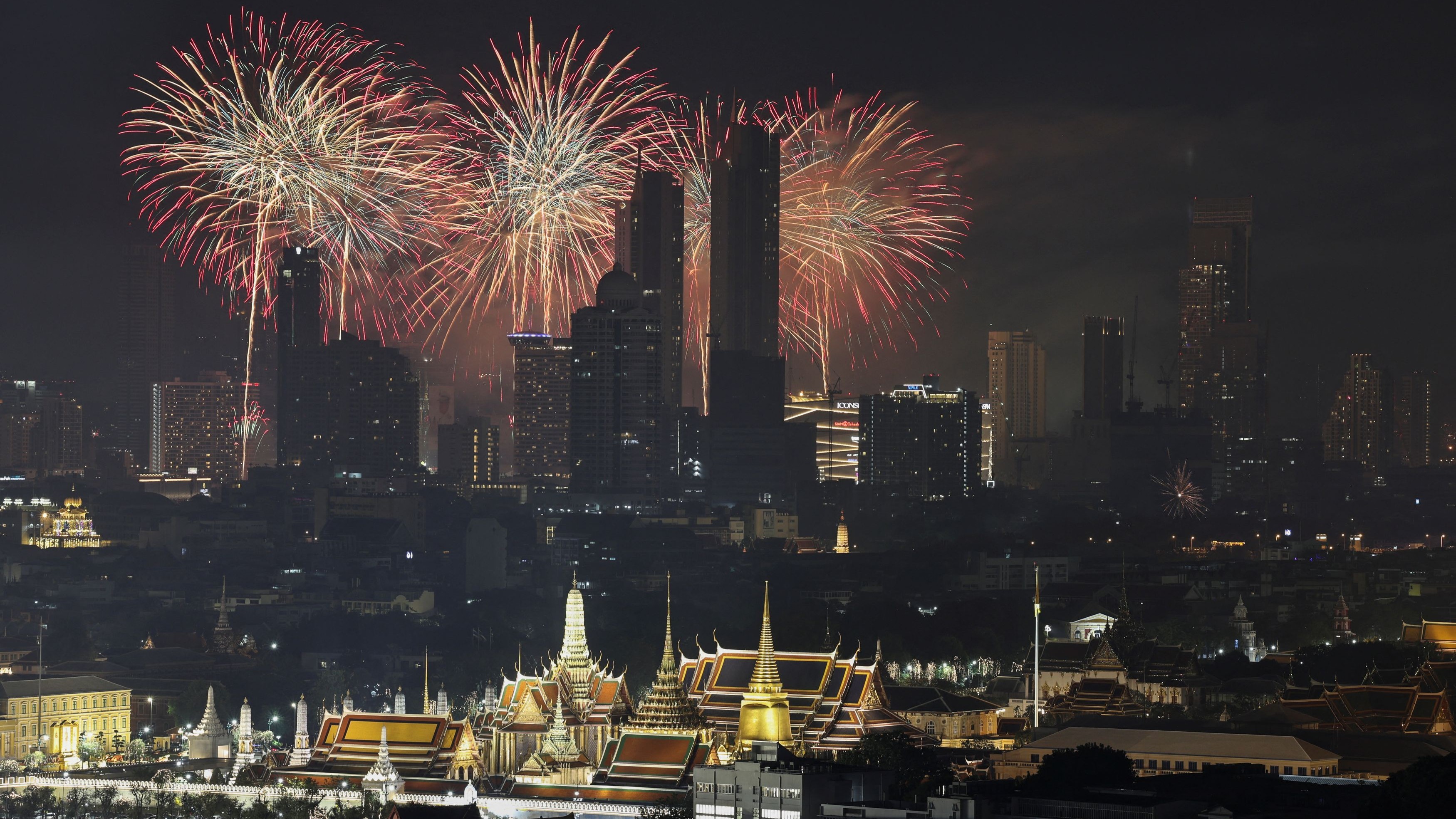 Fireworks explode during the New Year celebrations in Bangkok, Thailand.