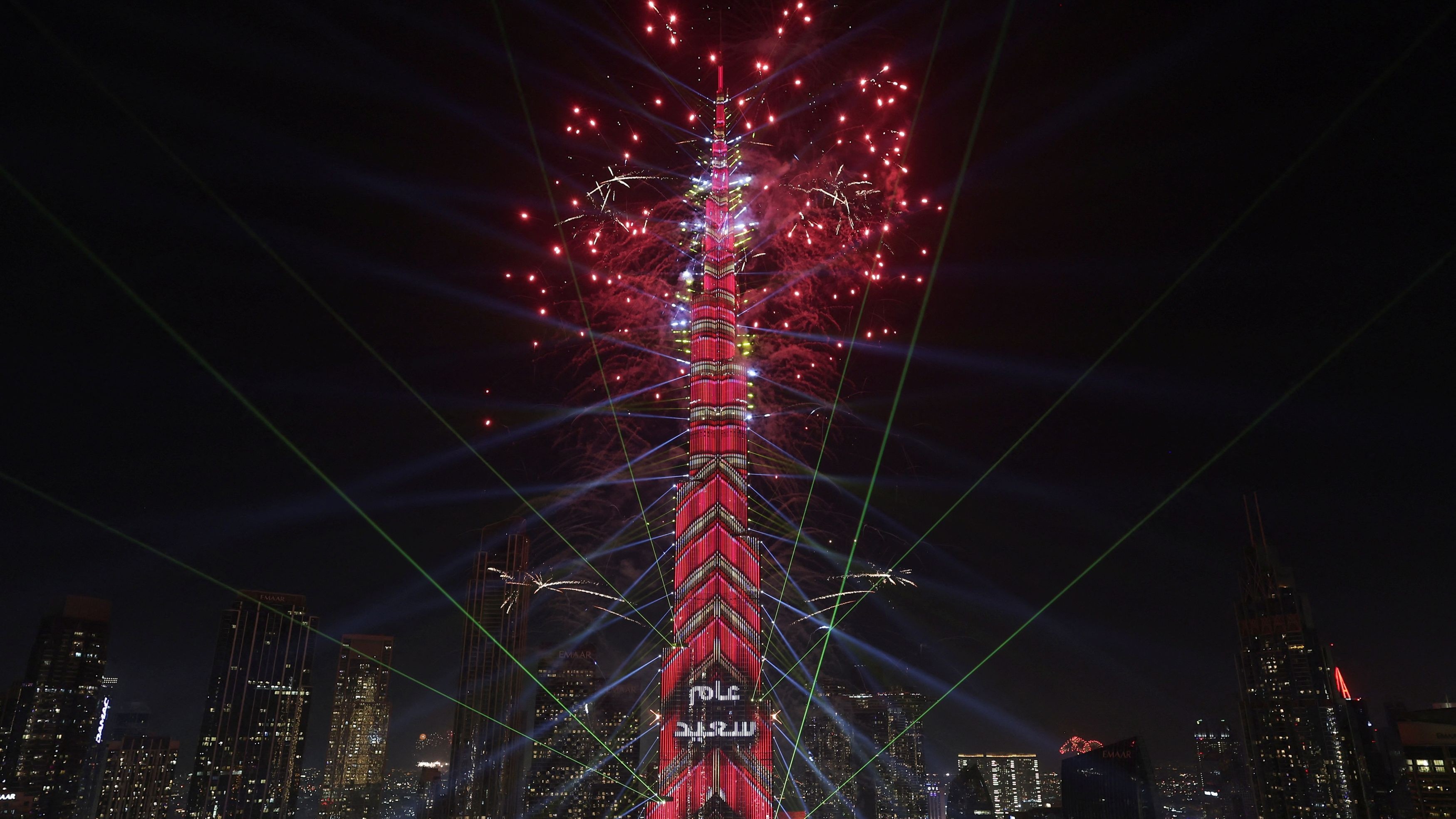 Fireworks explode over the Burj Khalifa, the tallest building in the world, during the New Year's celebration in Dubai, United Arab Emirates.