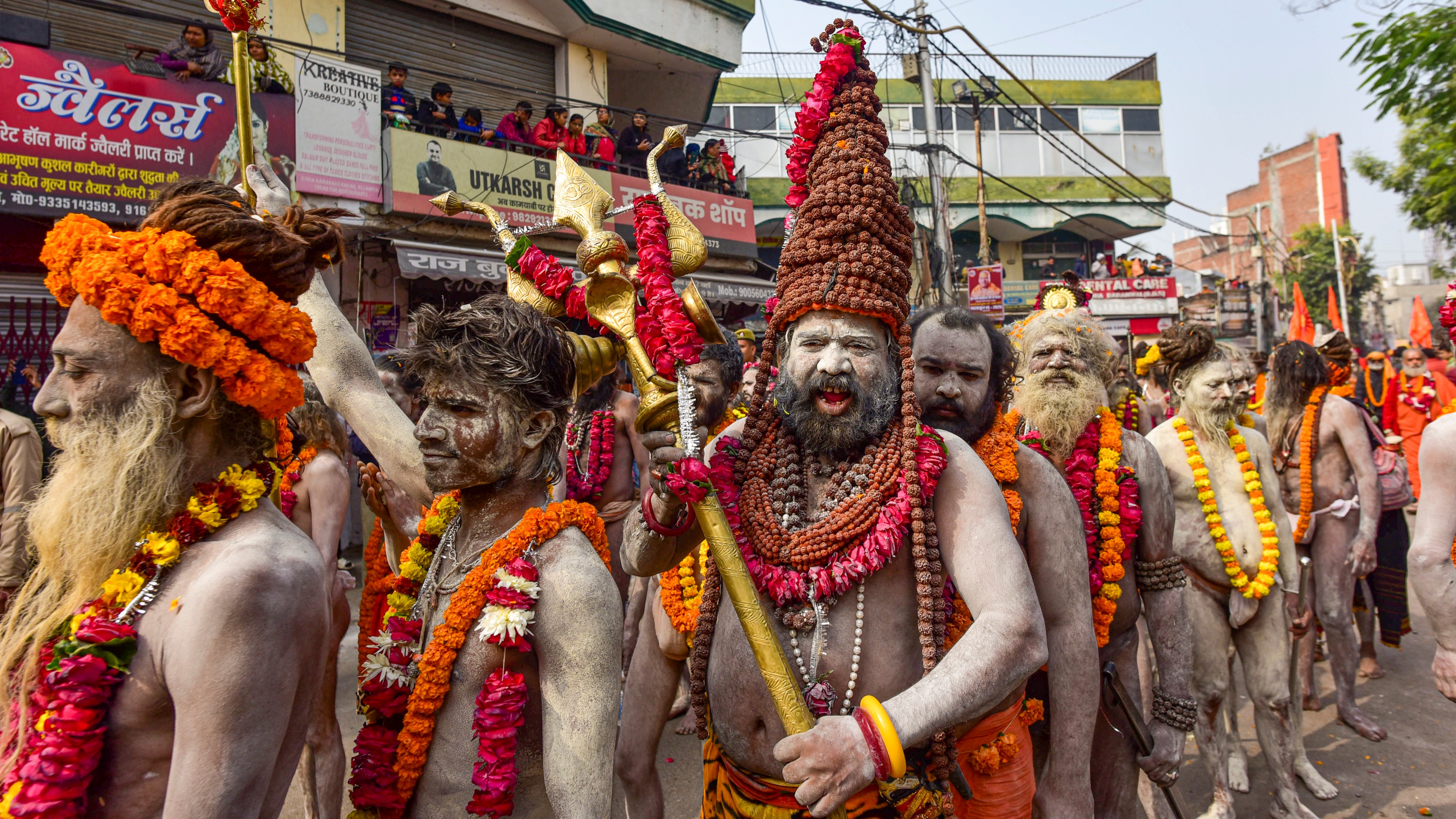 Naga Sadhus carry out a procession towards Sangam ahead of Maha Kumbh Mela 2025 in Prayagraj.