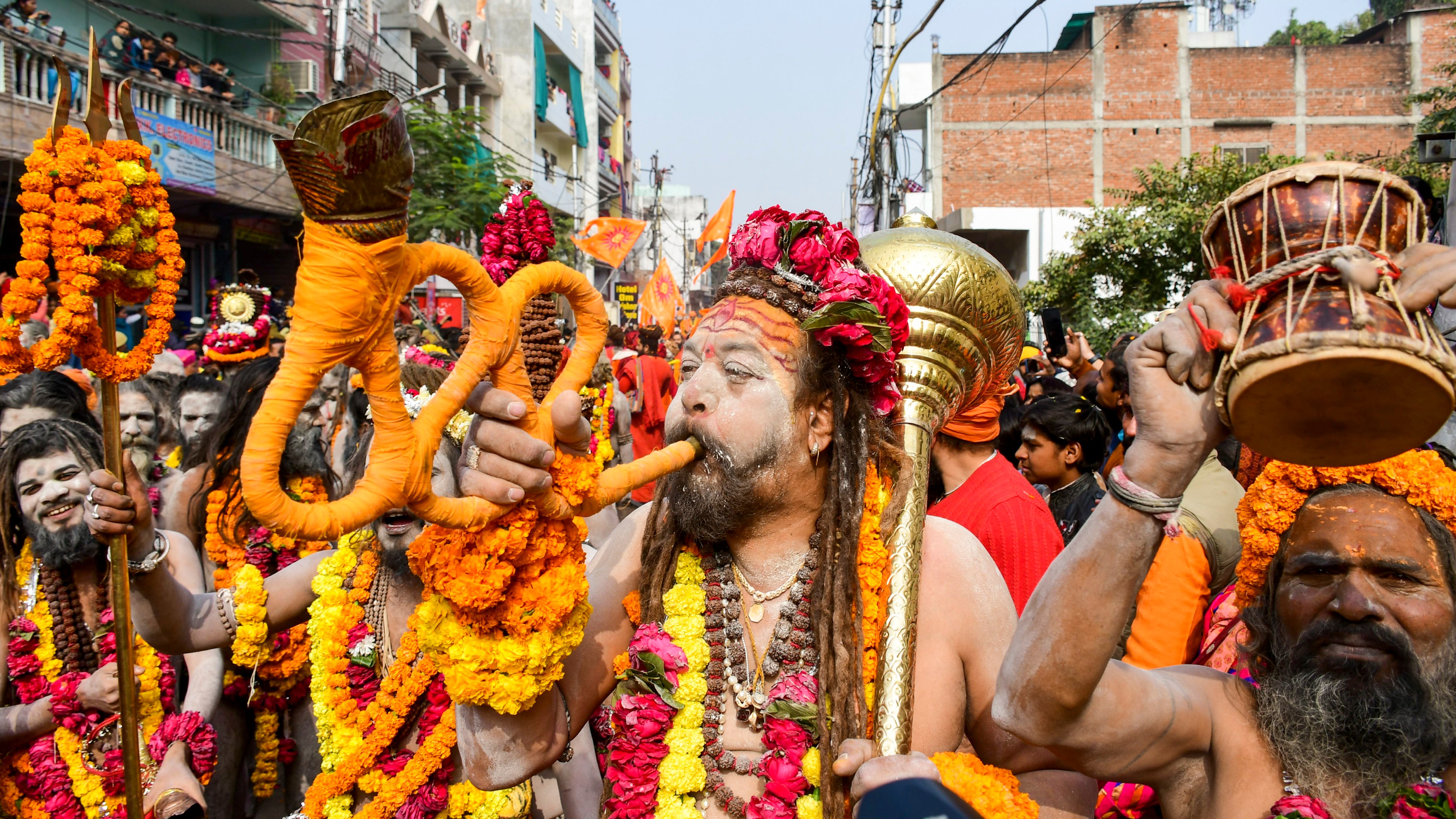 Amid the dhol beats and chants, Naga Sadhus carry out a procession towards Sangam ahead of Maha Kumbh Mela 2025 in Prayagraj.