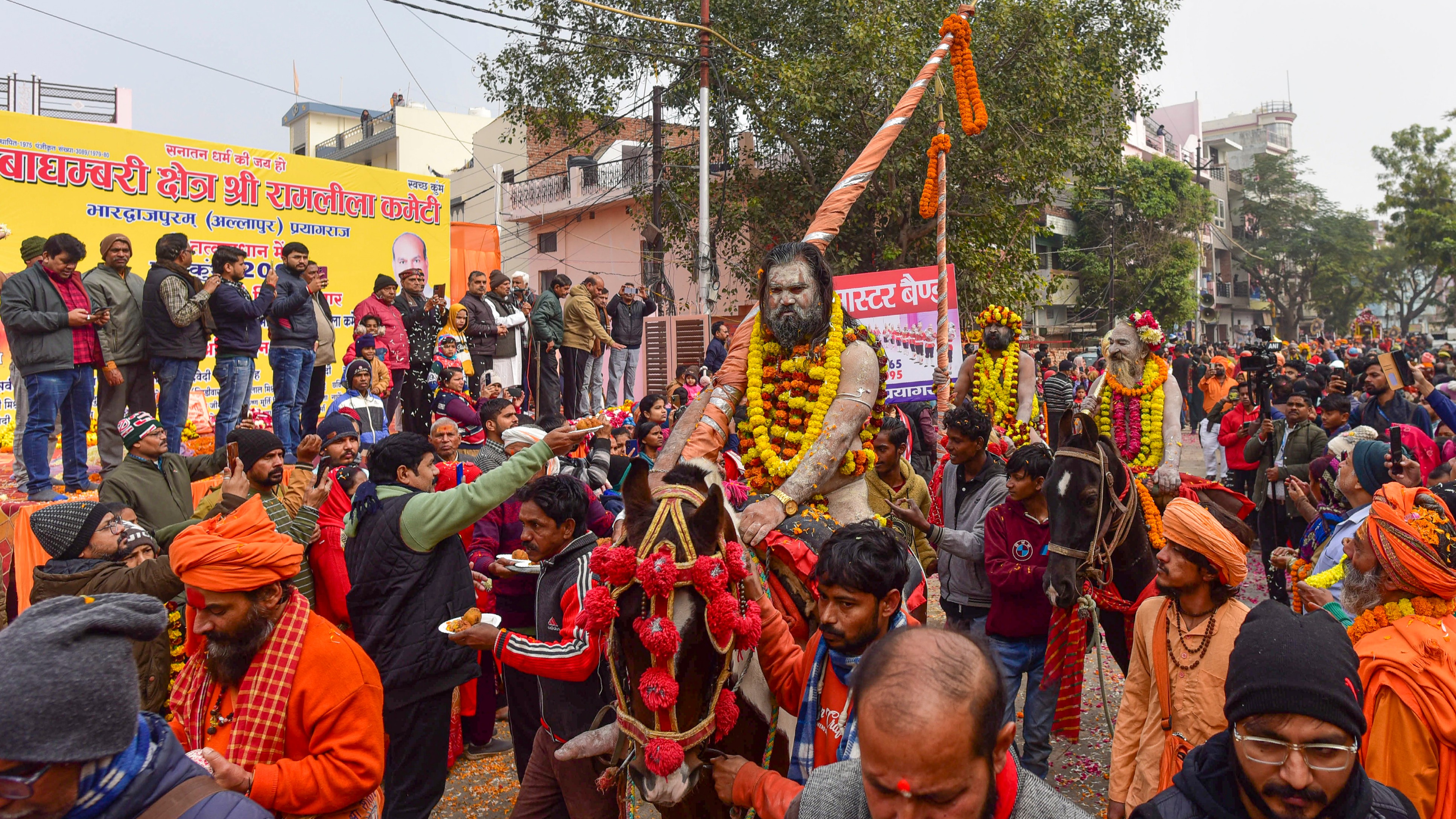Naga Sadhus of ‘Shri Niranjani Akhara’ take part in a procession towards Sangam ahead of Maha Kumbh Mela 2025 in Prayagraj.