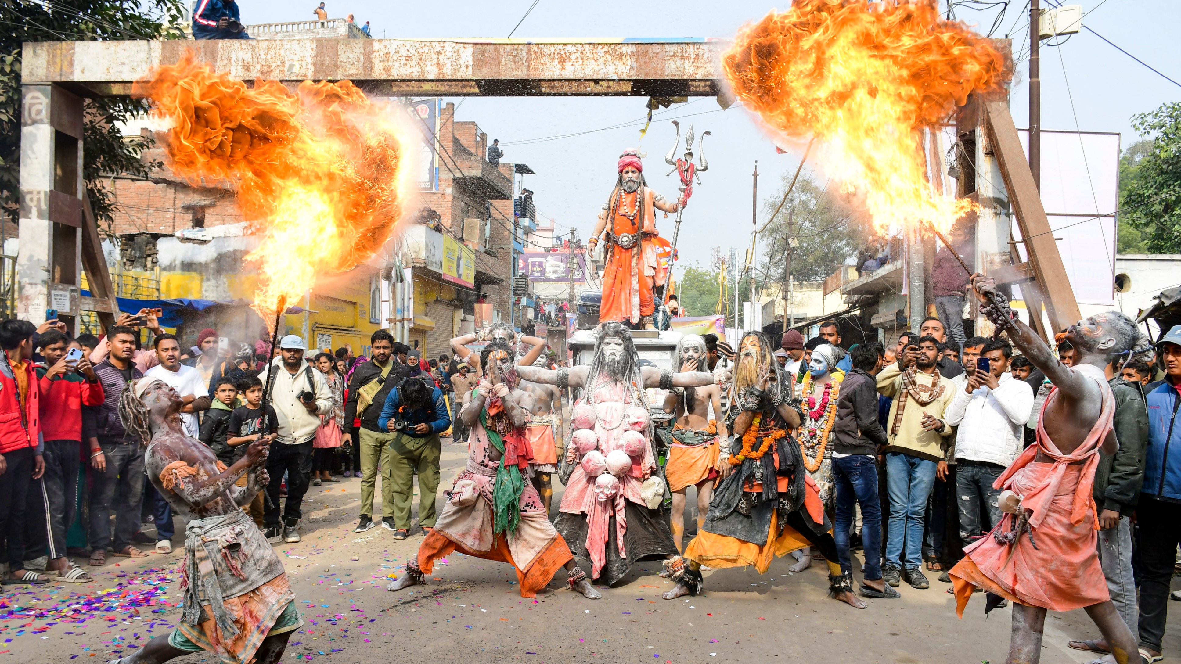 Naga Sadhus carry out a procession as they head towards Sangam ahead of Maha Kumbh Mela 2025 in Prayagraj.