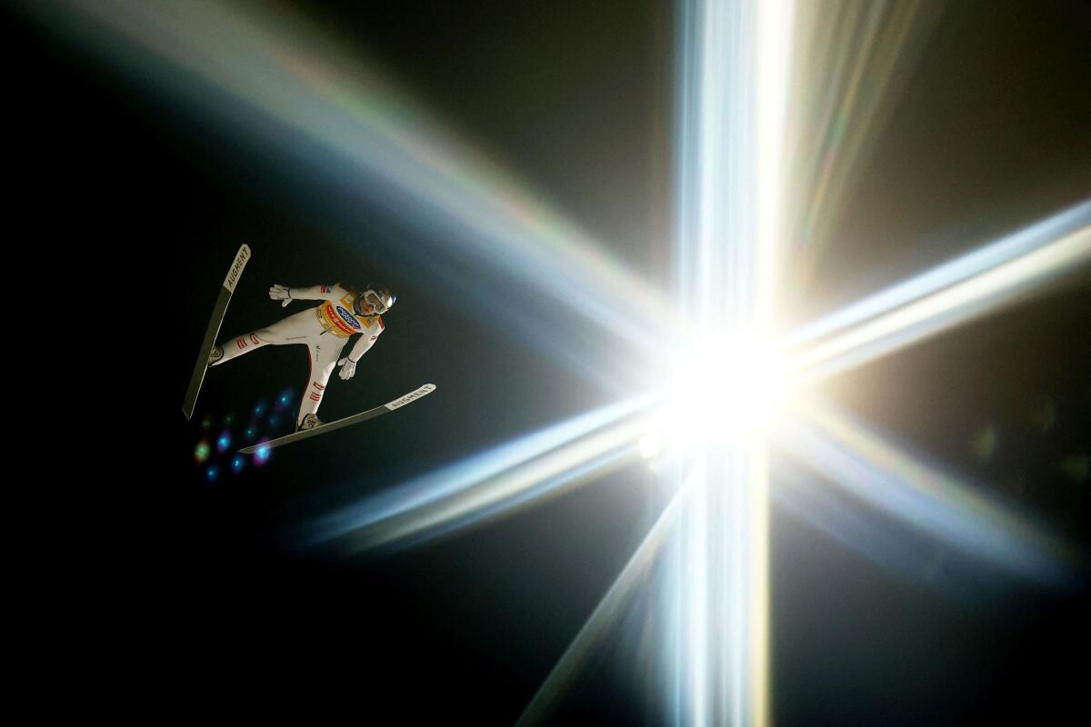 Austria's Daniel Tschofenig in action during the large hill HS142