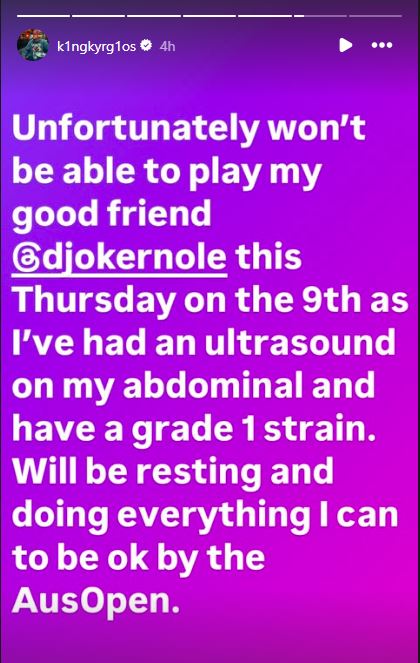 Nick Kyrgios' Instagram story where he shares that he won't be able to participate at the Novak Djokovic exhibition event 'A Night With Novak'.